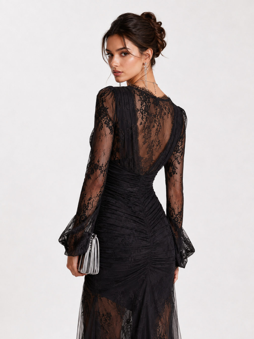 Lace V-Neck Long-Sleeve Evening Gown