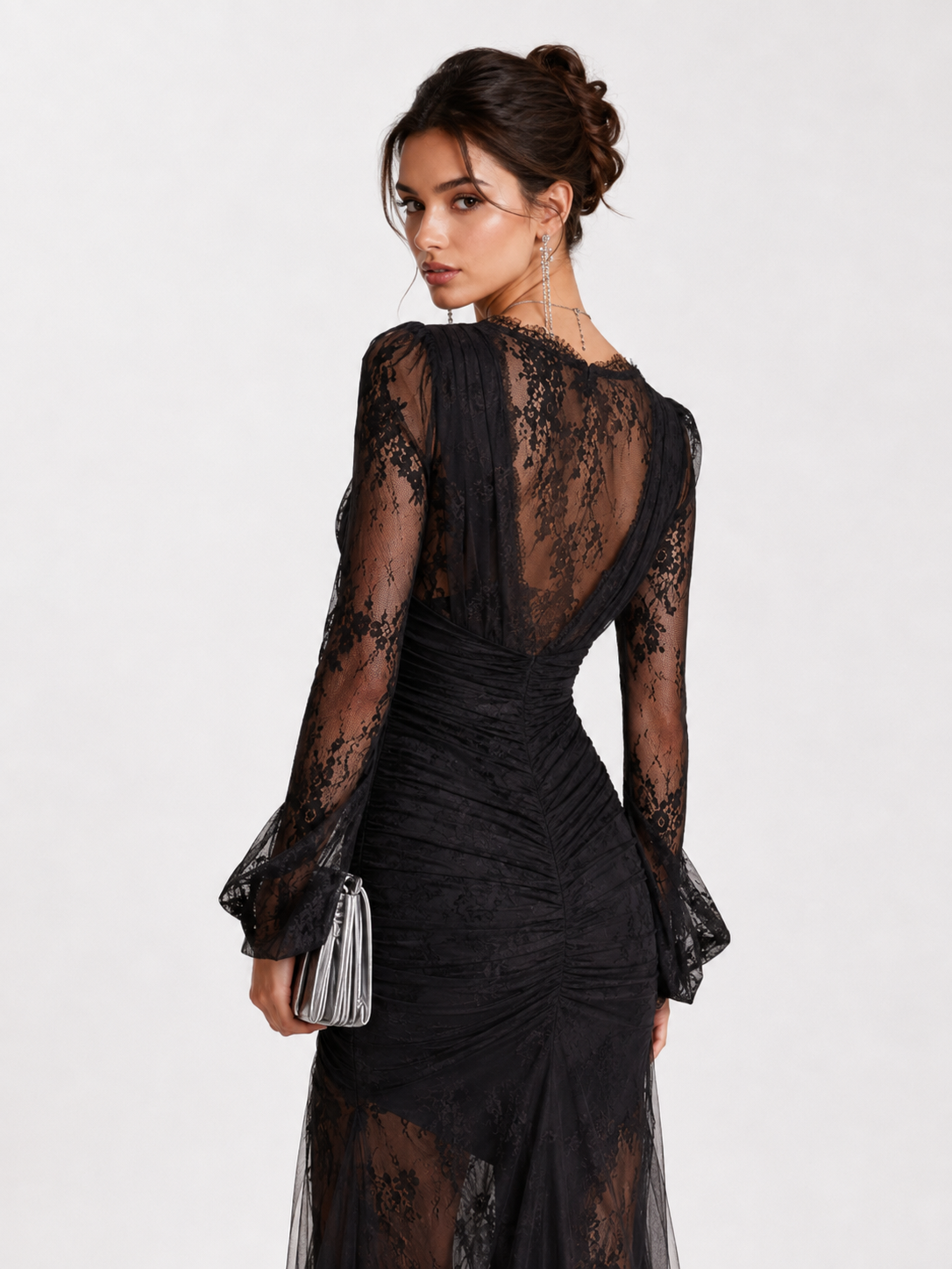 Lace V-Neck Long-Sleeve Evening Gown